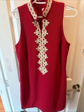 Sleeveless Red Mini Dress with Cream Lace Trim